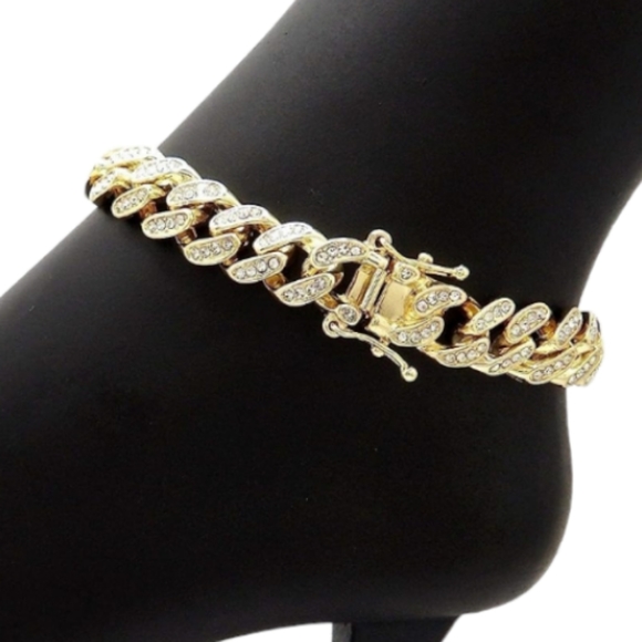 JEWELRY ANKLE BRACELET GOLD PLATE W/CRYSTALS ICED OUT CUBAN CHAIN 10" ANKLE - Picture 7 of 7